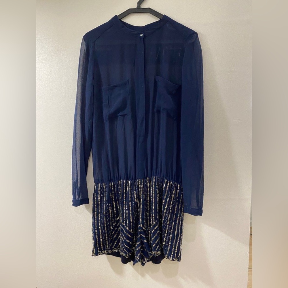ZARA Chic Sheer Navy Dress with Gold Stripes